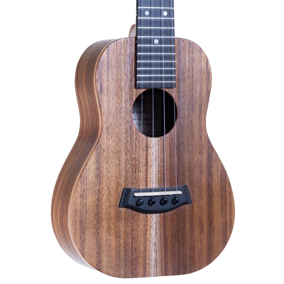 Close-up of the koa top, ebony bridge and round soundhole on Kanile'a K-1 Natural concert ukulele, serial 30188
