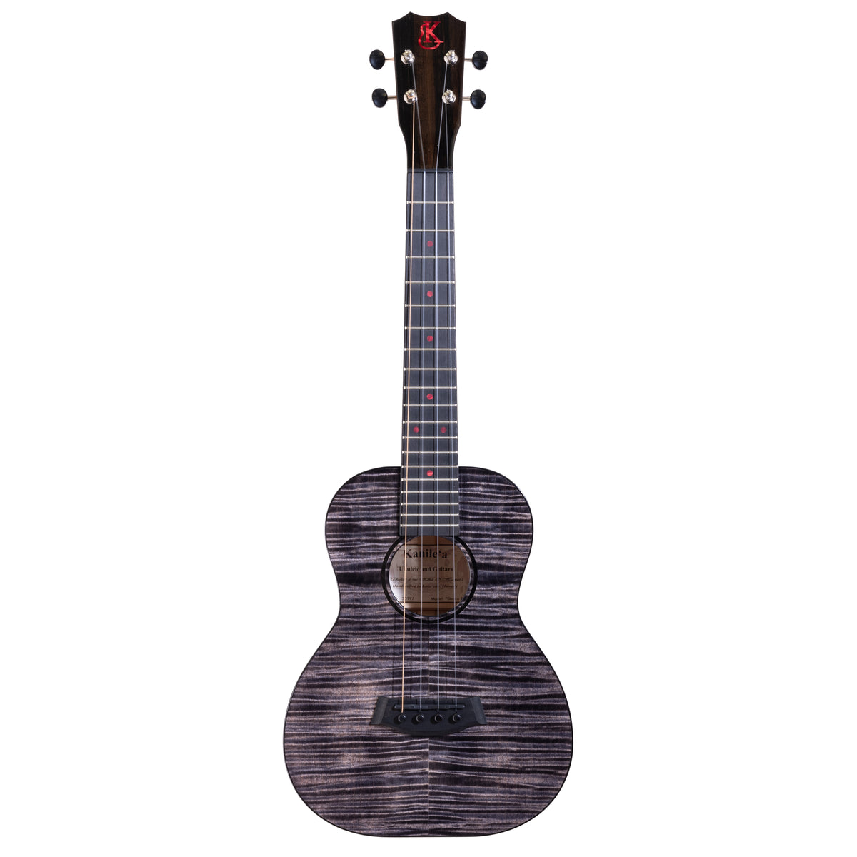 Kanile'a Pohaku Pro tenor ukulele, serial 30197, full front view with crown headstock and gloss black flamed maple body