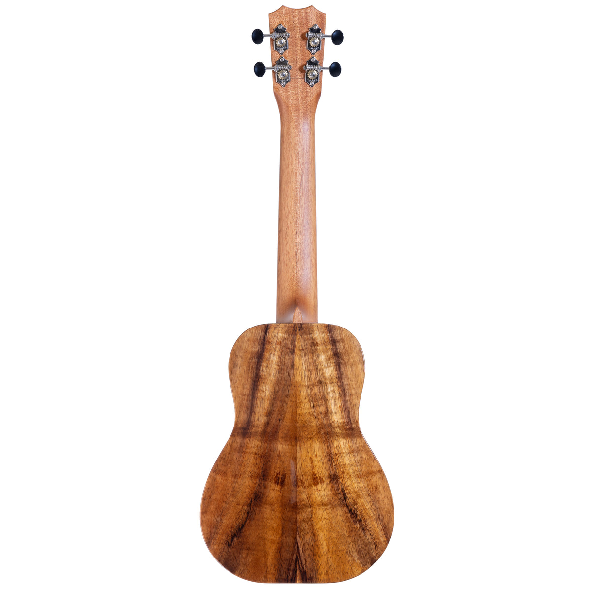 Full back view of Kanile'a D-1 Deluxe concert ukulele serial 30305 with koa back, mahogany neck and tuners