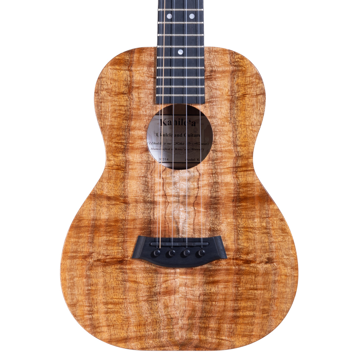 Kanile'a K-1 Pro 5-string tenor ukulele, serial 30314, body front with Premium Grade curly koa, round soundhole and ebony bridge