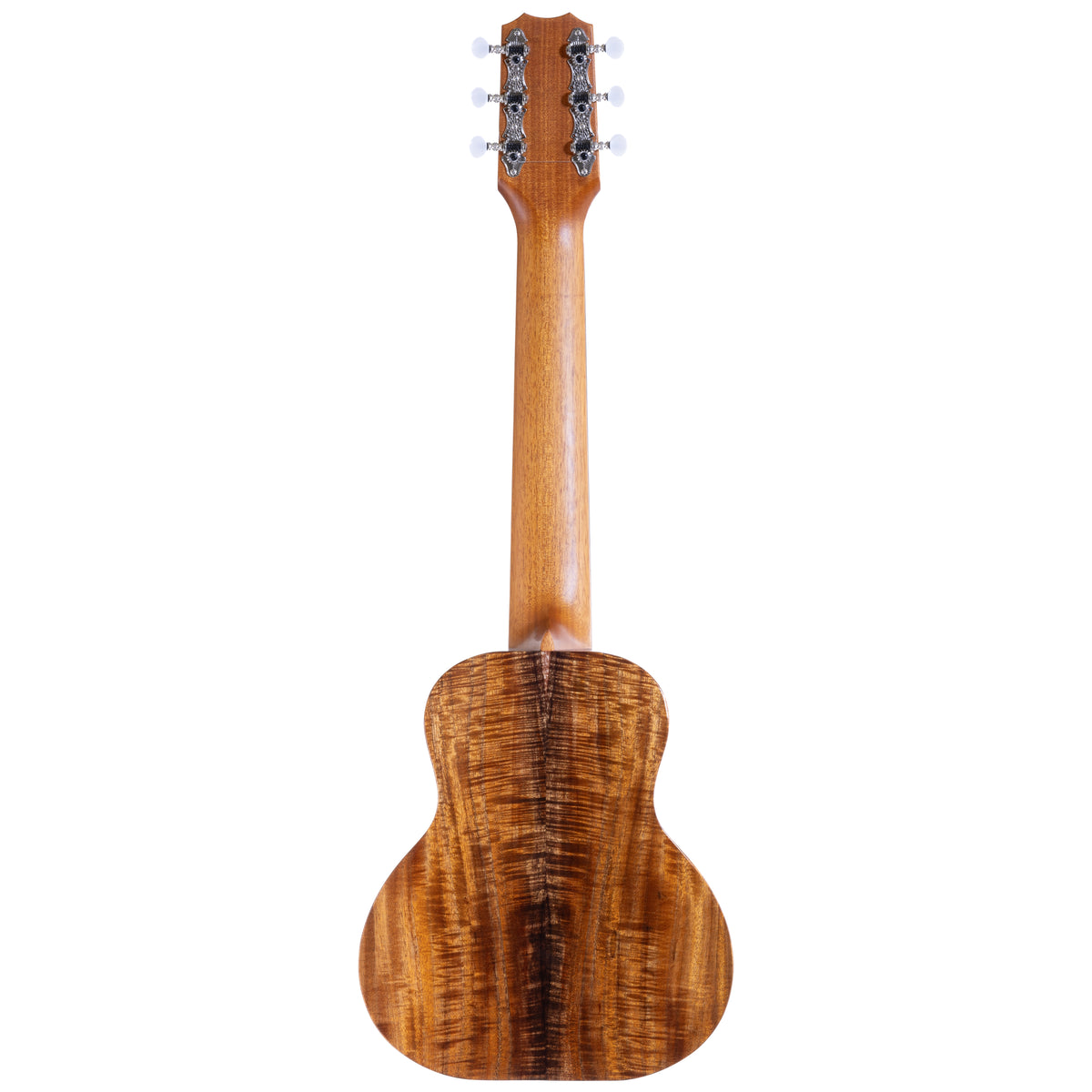 Full back view of Kanile'a K-1 GL6 Pro guitarlele serial 30199 with koa back, mahogany neck and chrome open gear tuners