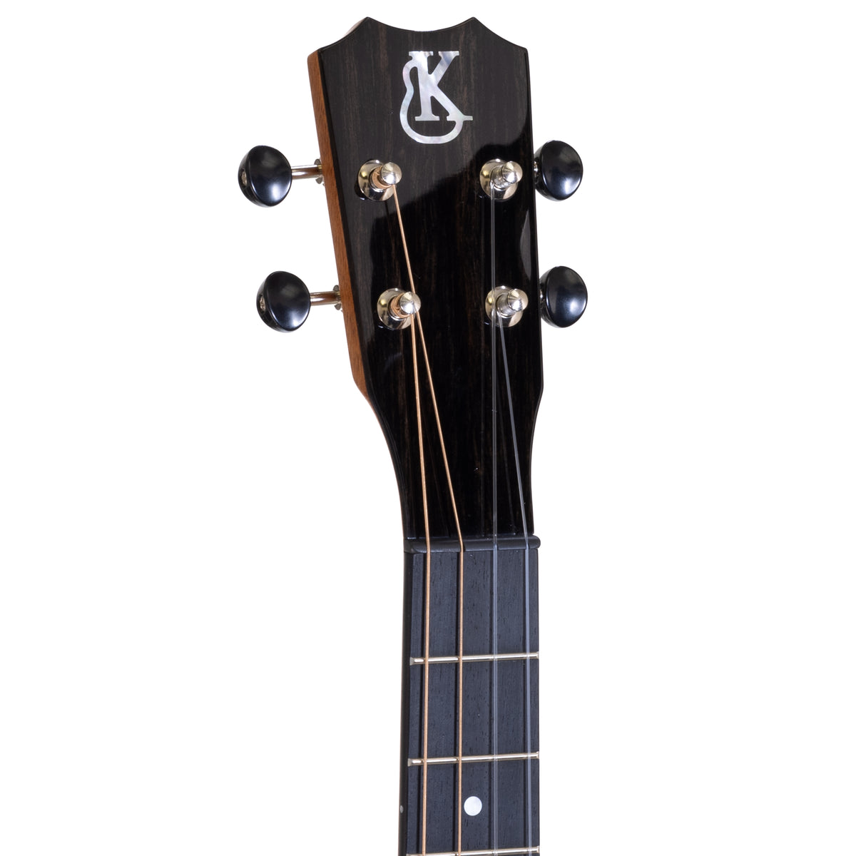 Crown headstock with white mother-of-pearl Kanile'a logo and chrome open gear tuners on Kanile'a K-1 Pro baritone ukulele, serial 29988