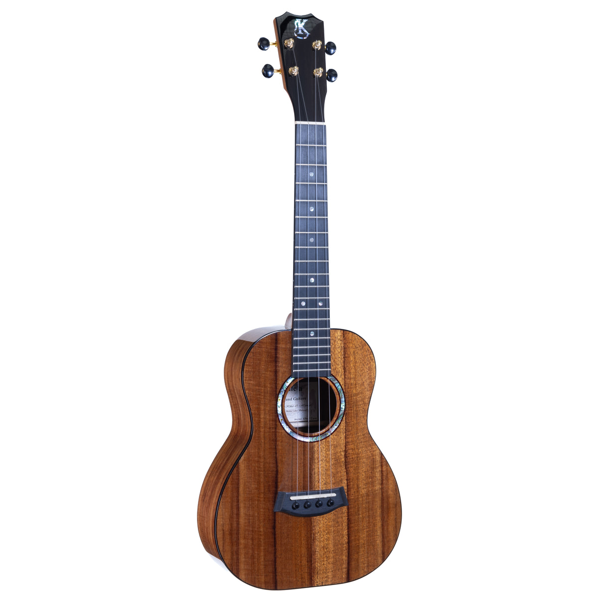 Kanile'a KPA-T Deluxe tenor ukulele, serial 30307, front view at an angle showing the koa top, abalone rosette and ebony fretboard