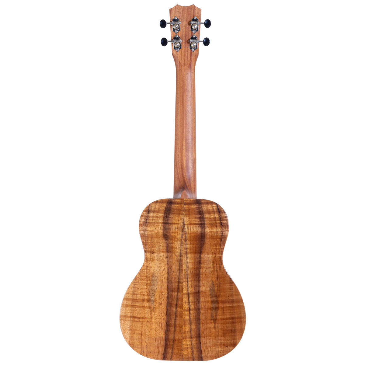 Full back view of Kanile'a K-1 tenor ukulele serial 30298 with koa back, mahogany neck and open gear tuners