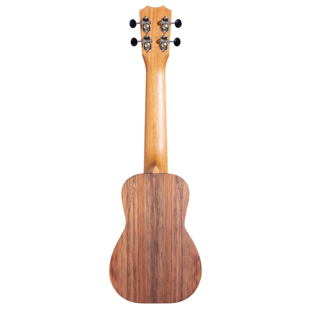 Full back view of Kanile'a K-1 Natural soprano ukulele serial 30209 with koa back and mahogany neck