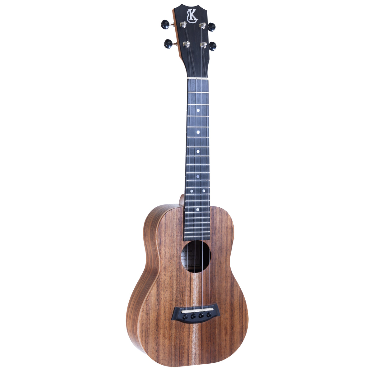 Kanile'a K-1 Natural concert ukulele serial 30188, front view at an angle showing the koa top and ebony fretboard