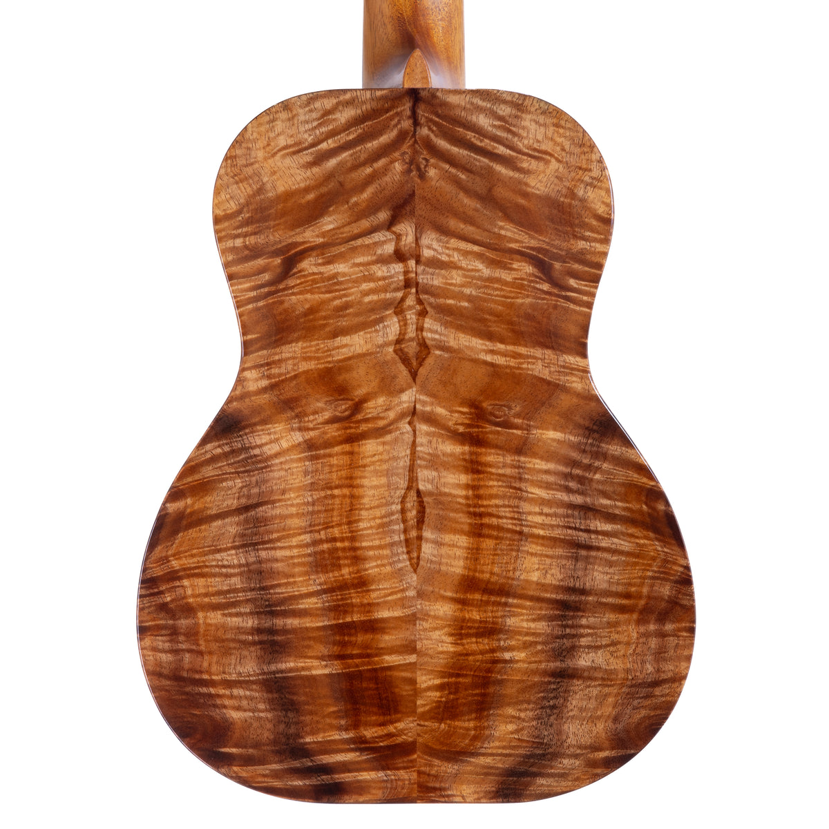 Back of Kanile'a DK-T Pro tenor ukulele serial 30212 showing the koa back grain and mahogany neck heel