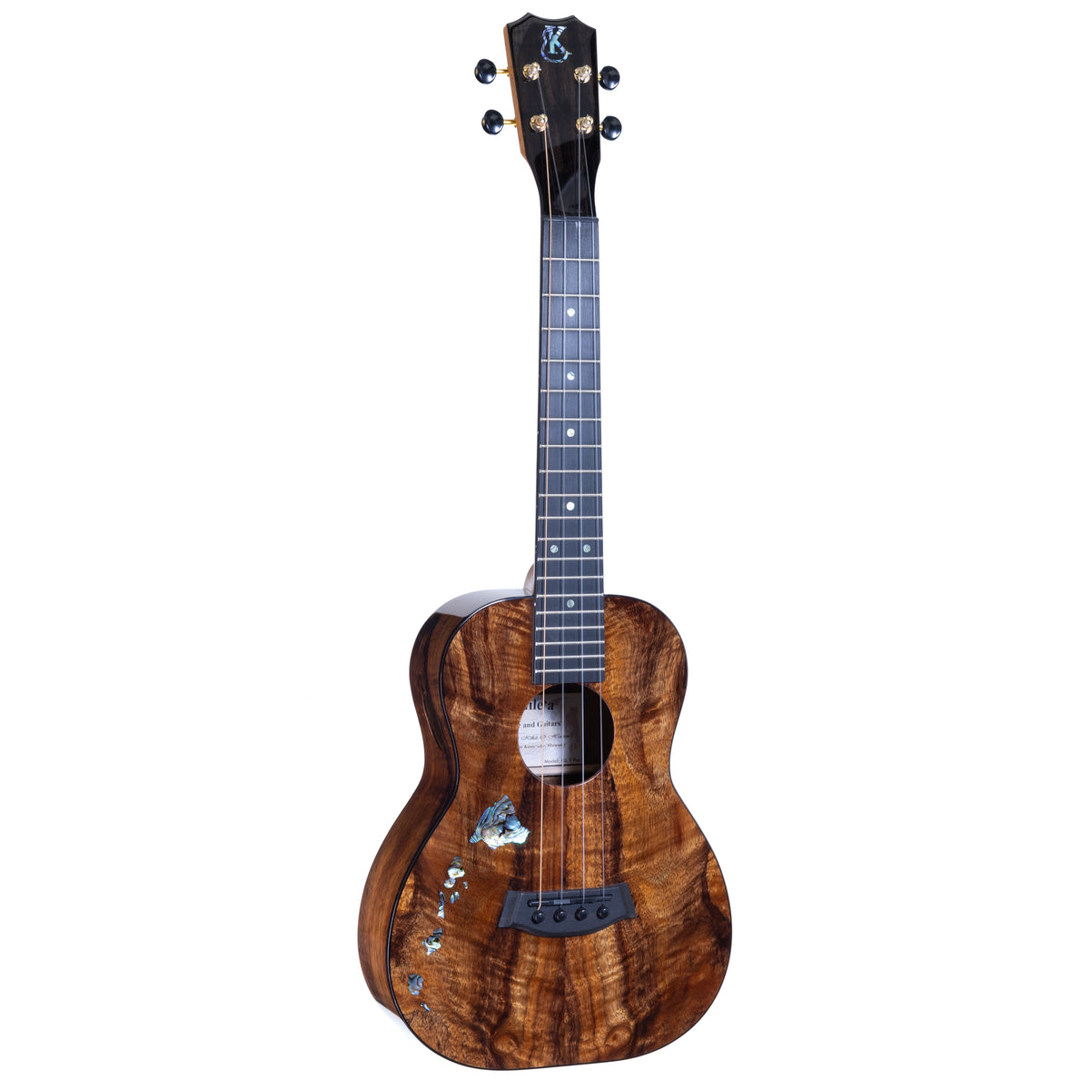 Kanile'a Islands Premium Tenor ukulele with Paua abalone island chain inlay, serial 30195: angled view of the full front