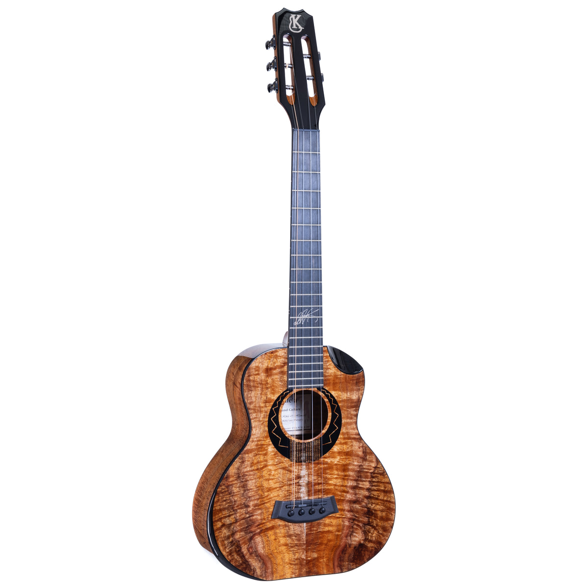 Kanile'a Willie K 5-string super tenor ukulele, serial 30288, front view at an angle showing the koa top, bevel cutaway and ebony fretboard