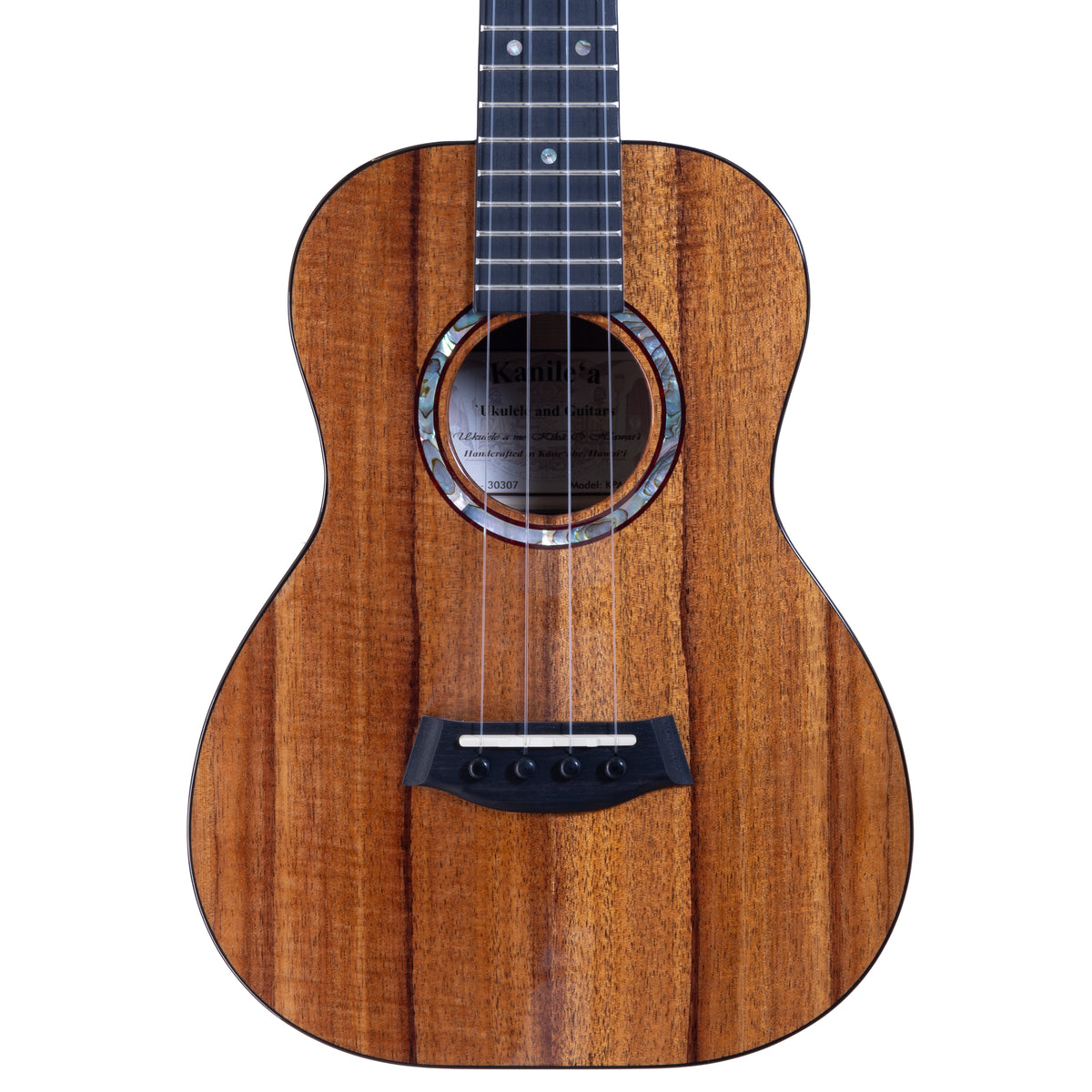 Upper bout of Kanile'a KPA-T Deluxe tenor ukulele serial 30307 showing the koa top grain and abalone rosette