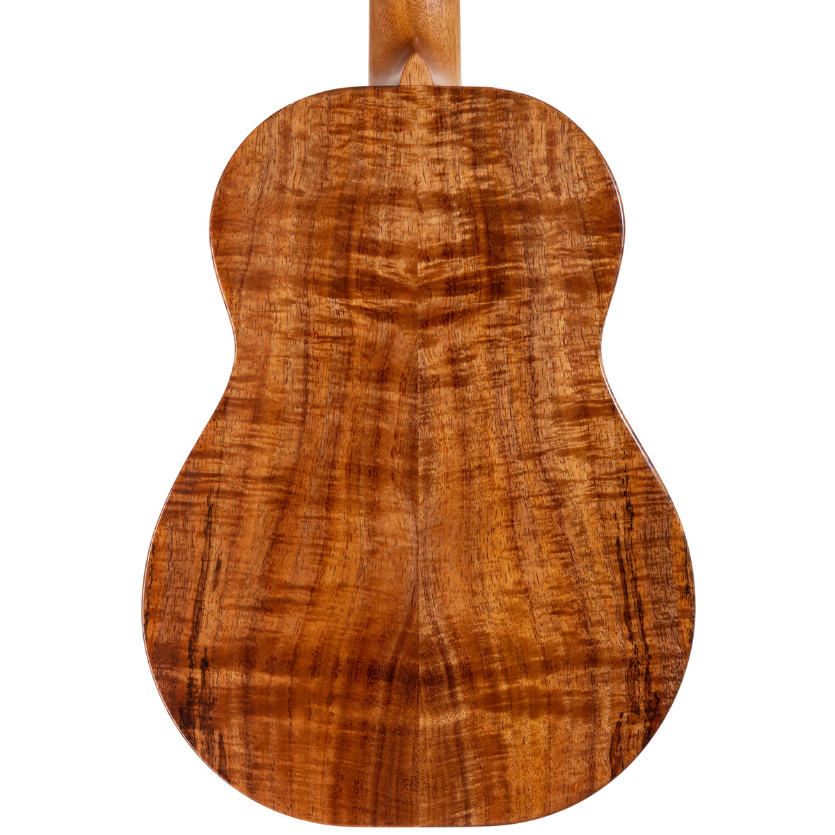 Back of Kanile'a K-1 Pro baritone ukulele serial 29988 showing the koa back grain and mahogany neck heel