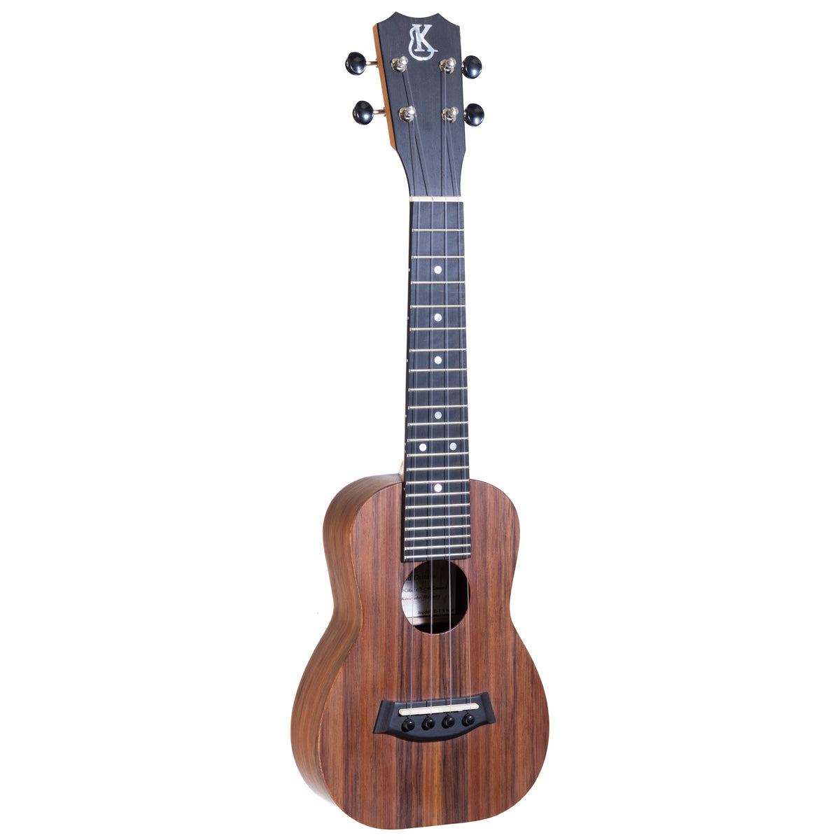 Kanile'a K-1 Natural soprano ukulele, serial 30209, front view at an angle showing the koa top and ebony fretboard