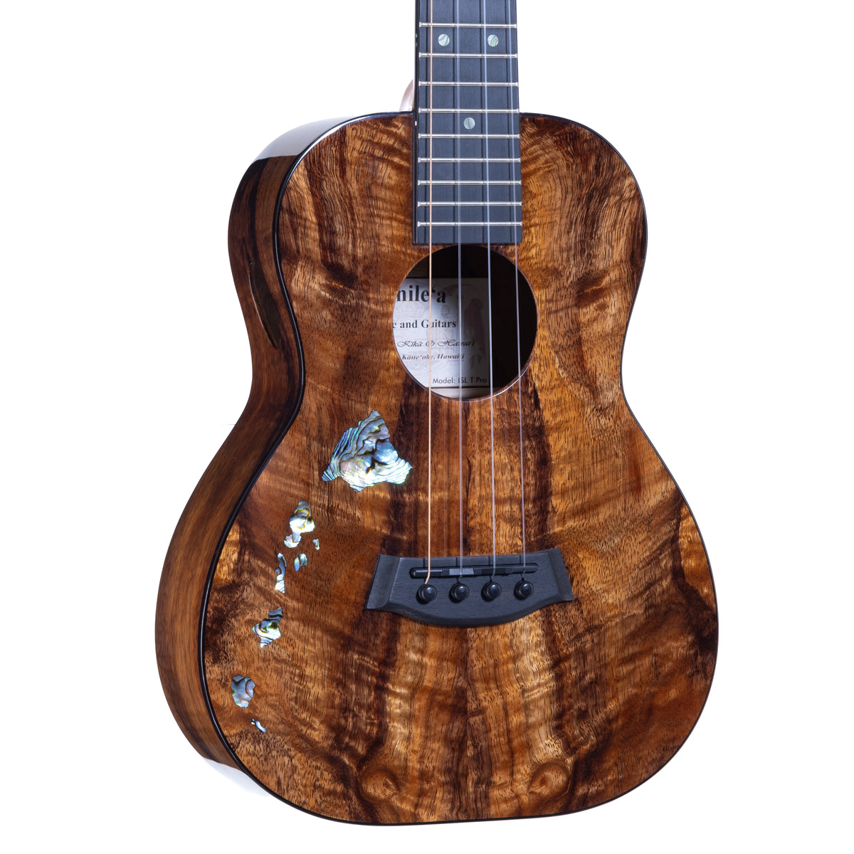 Kanile'a Islands Premium Tenor ukulele with Paua abalone island chain inlay, serial 30195: close-up of the koa top and soundhole