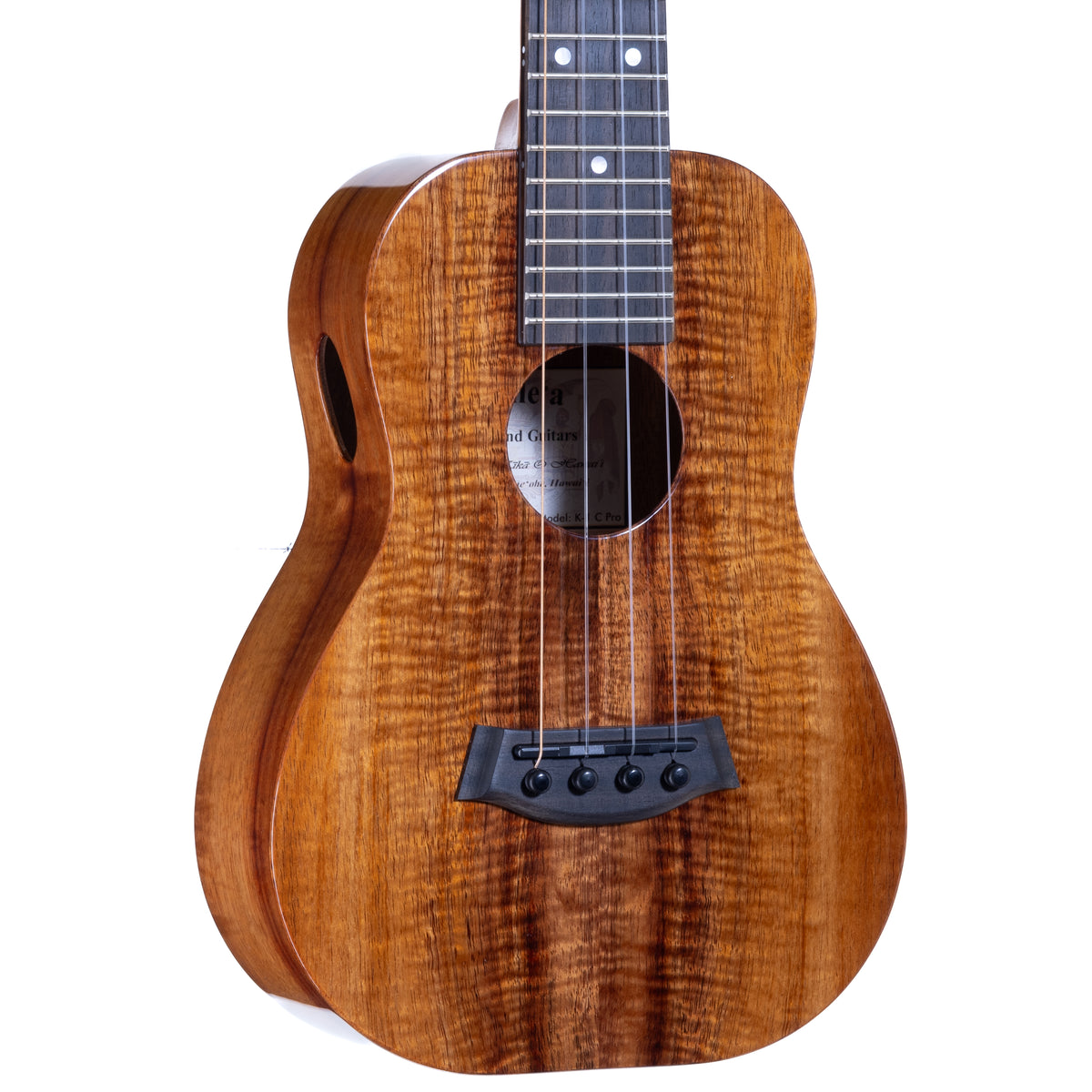 Kanile'a K-1 Premium Koa Pro Concert Ukulele, serial 30283: close-up of the Premium Grade koa top, bridge and soundhole
