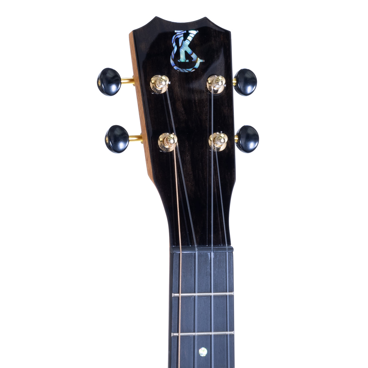 Kanile'a Islands Premium Tenor ukulele with Paua abalone island chain inlay, serial 30195: close-up of the headstock