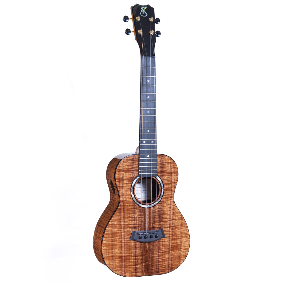 Kanile'a KPA-T Pro tenor ukulele serial 30183, front view at an angle showing the koa top and ebony fretboard