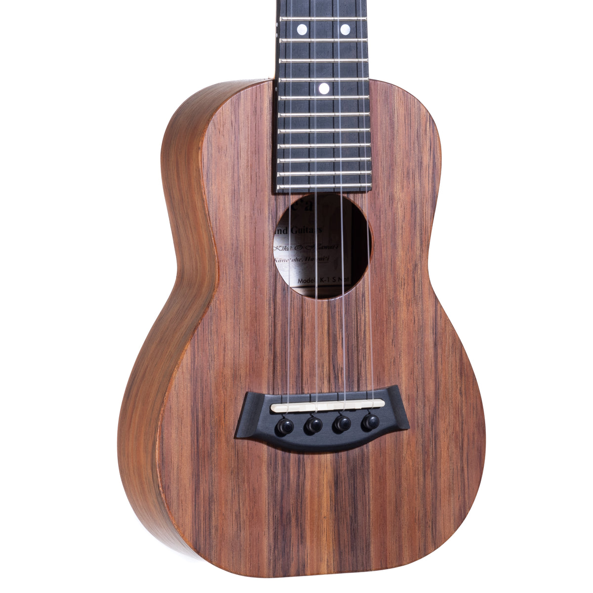 Angled close-up of the koa top, bridge and soundhole on Kanile'a K-1 Natural soprano ukulele, serial 30209