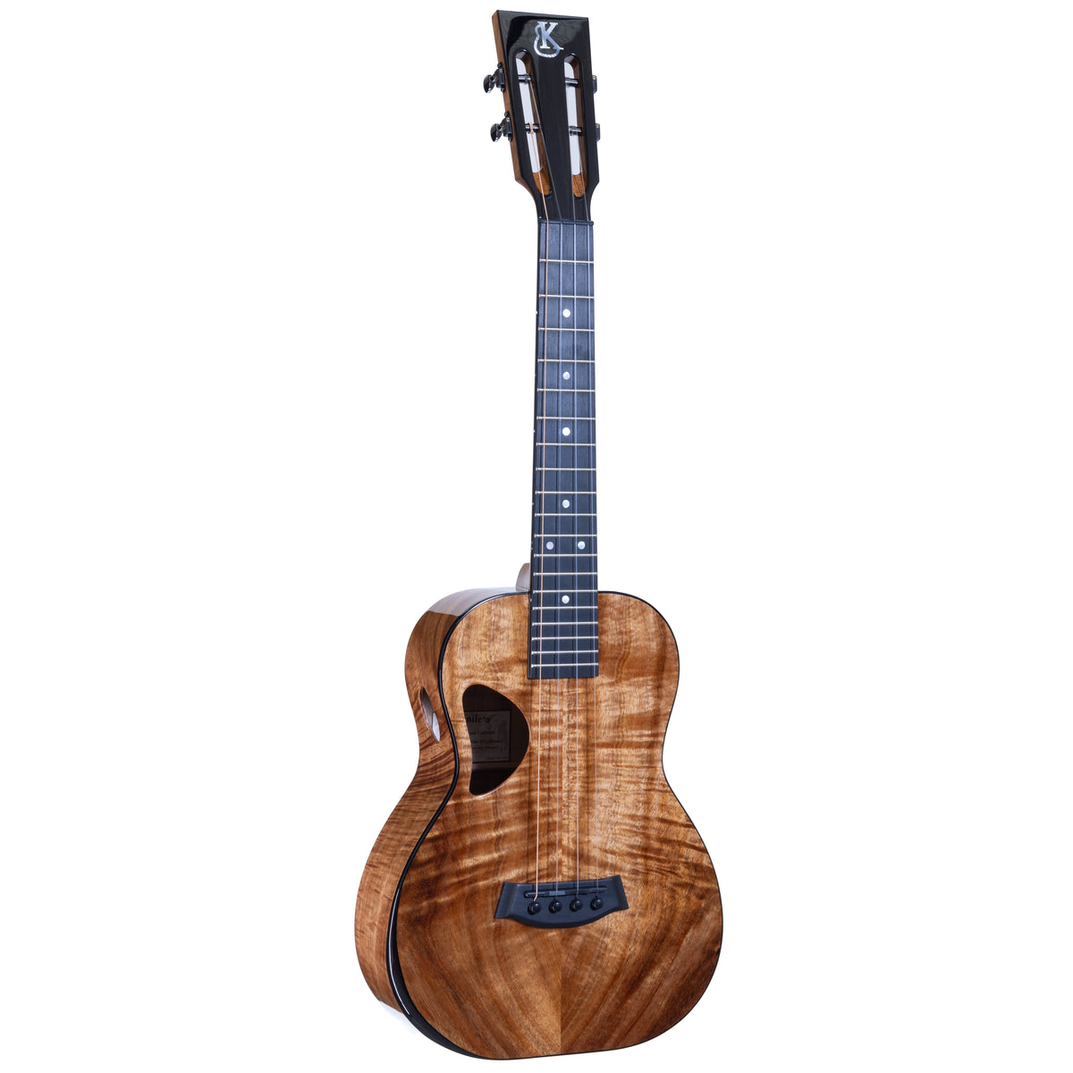 Kanile'a DK-T Pro tenor ukulele serial 30180, front view at an angle showing the koa top and ebony fretboard