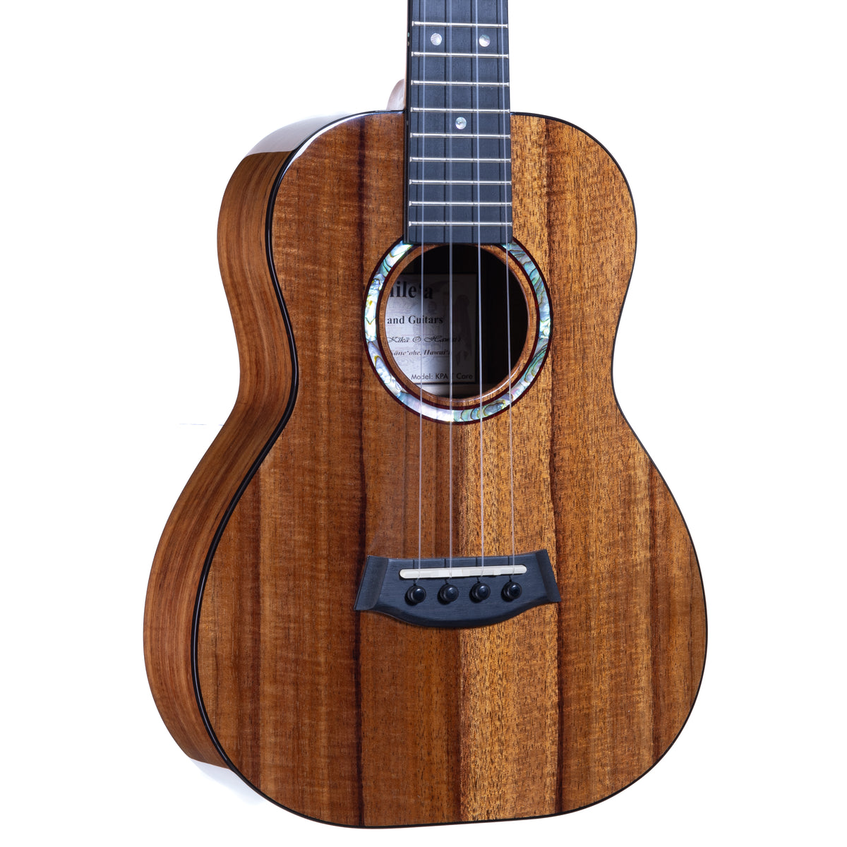 Close-up of the Deluxe Hawaiian koa top with thick Paua abalone rosette, tortoise binding and ebony bridge on Kanile'a KPA-T Deluxe tenor ukulele, serial 30307