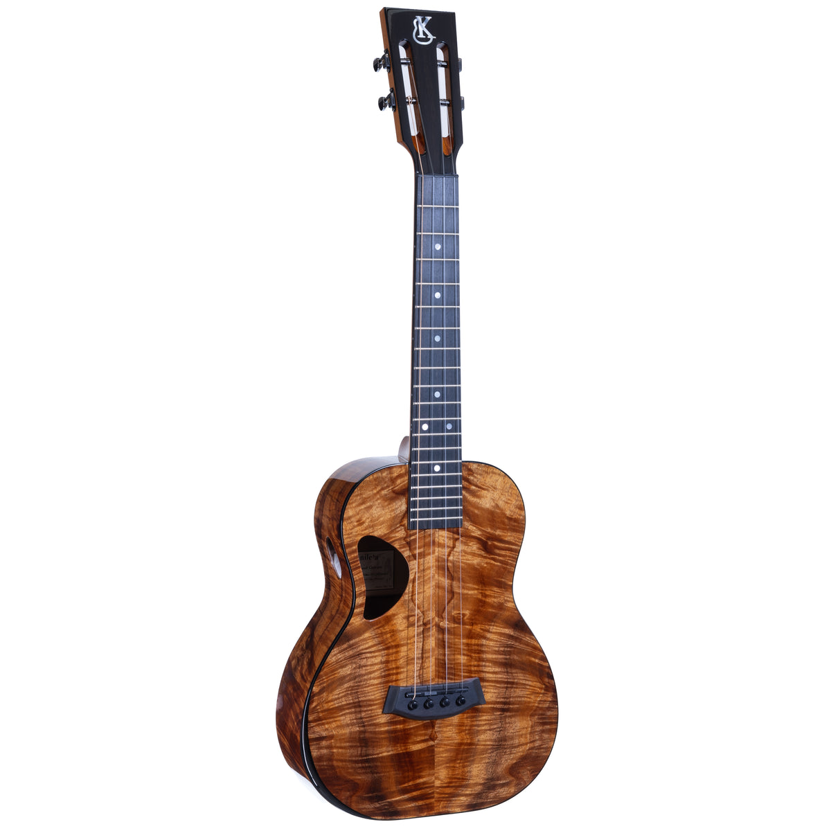 Kanile'a DK-T Pro tenor ukulele serial 30212, front view at an angle showing the koa top and ebony fretboard