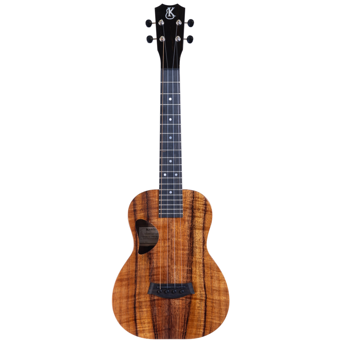 Kanile'a D-1 Pro 6-string tenor ukulele, serial 30091, full front view with crown headstock and gloss koa body