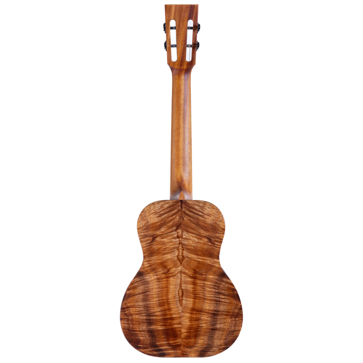 Full back view of Kanile'a DK-T Pro tenor ukulele serial 30212 with koa back, mahogany neck and tuners