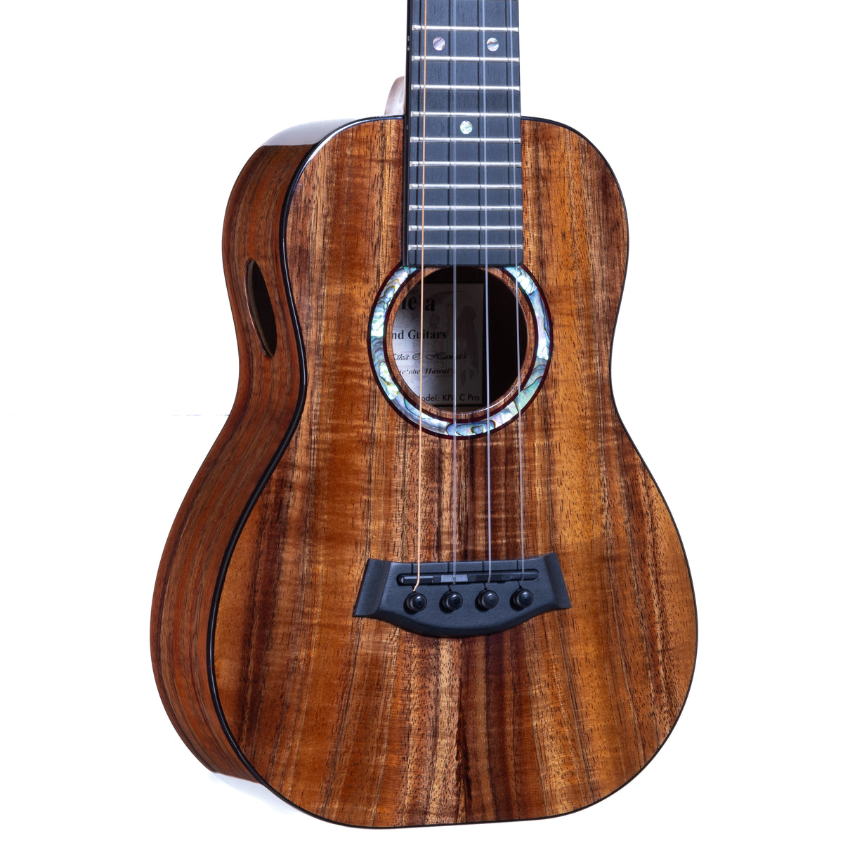 Kanile'a KPA Premium Koa Pro Concert Ukulele, serial 30306: close-up of the Premium Grade koa top, bridge and soundhole