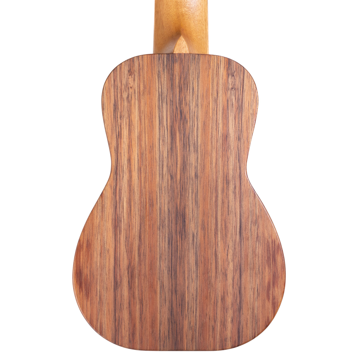 Back of Kanile'a K-1 Natural soprano ukulele serial 30209 showing the koa back and mahogany neck heel
