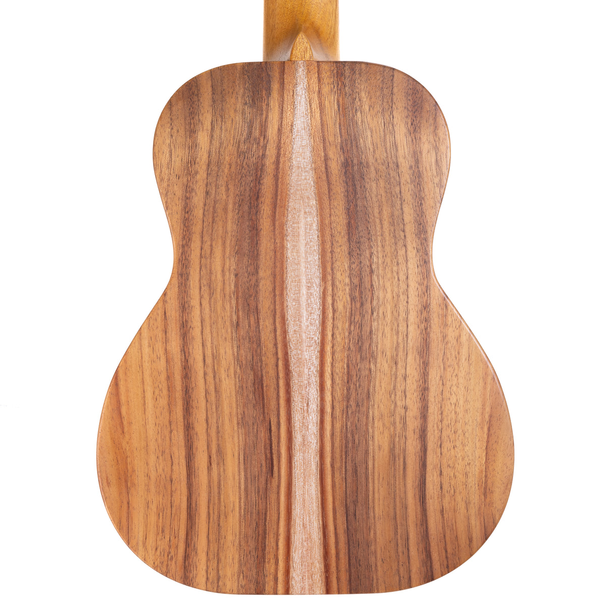 Back of Kanile'a K-1 Natural tenor ukulele serial 29971 showing the koa back grain and mahogany neck heel