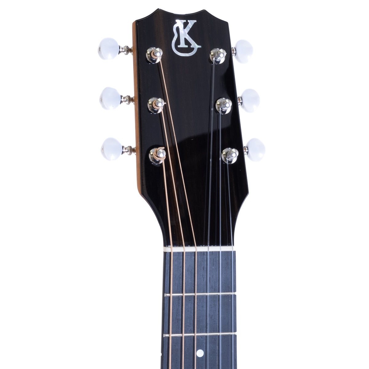 Ebony crown headstock with white mother-of-pearl Kanile'a logo and six chrome open gear tuners on serial 30199