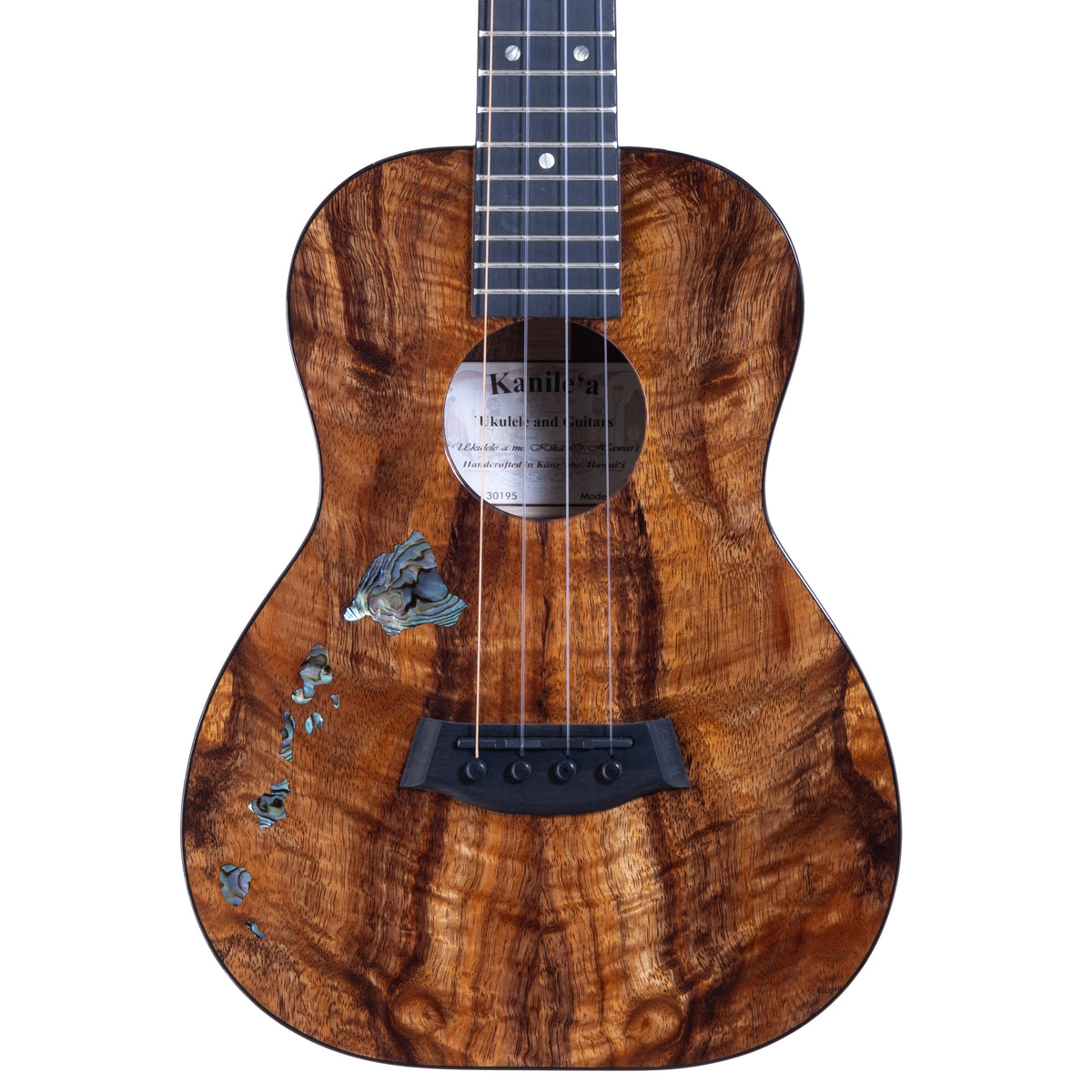 Kanile'a Islands Premium Tenor ukulele with Paua abalone island chain inlay, serial 30195: close-up of the upper bout and neck joint