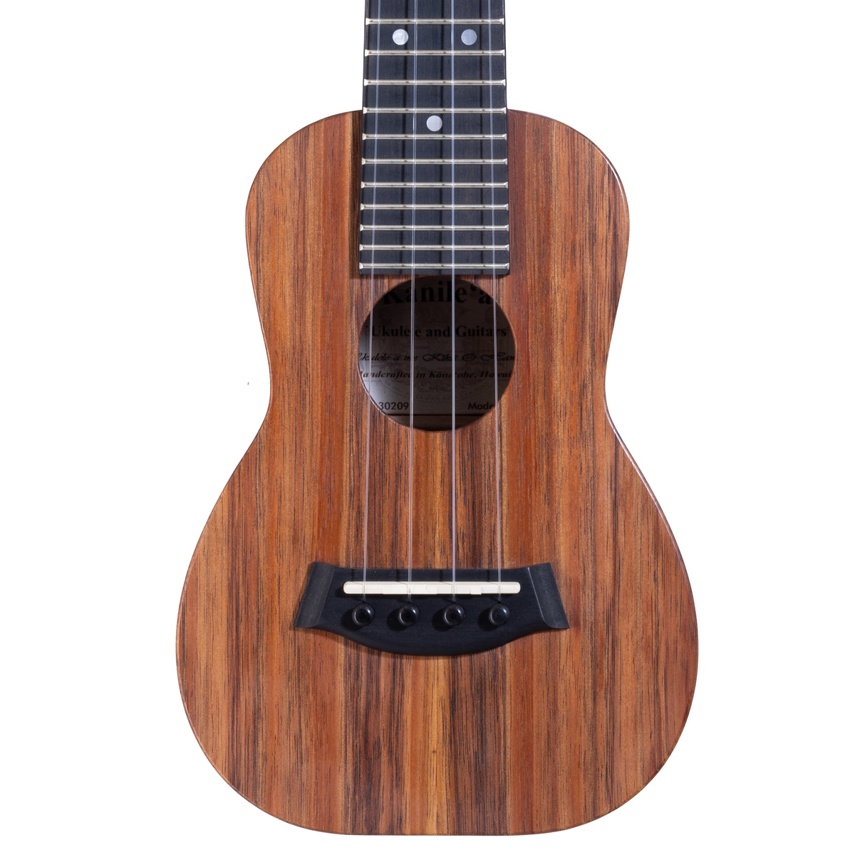 Upper bout of Kanile'a K-1 Natural soprano ukulele serial 30209 showing the koa top grain and soundhole