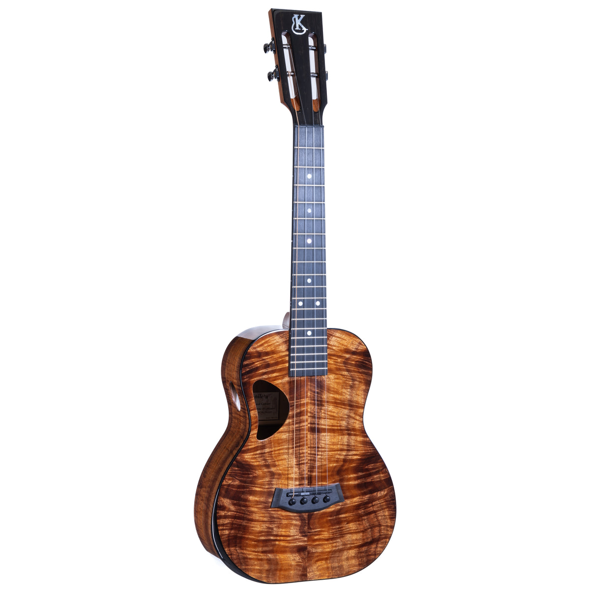 Kanile'a DK-T Pro tenor ukulele serial 30299, front view at an angle showing the koa top and ebony fretboard