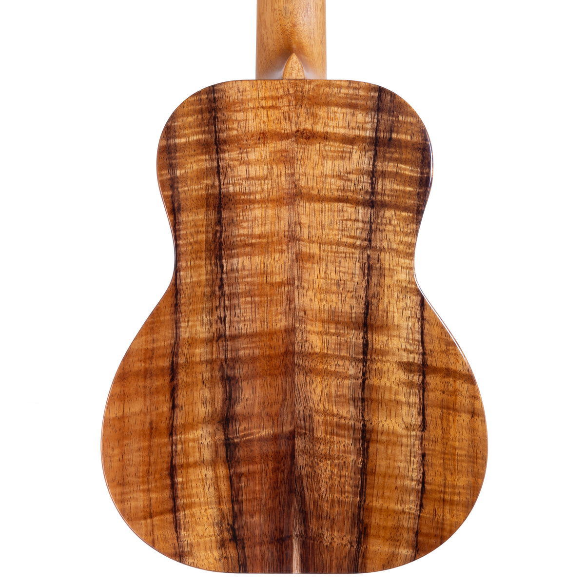 Back of Kanile'a D-1 Pro 6-string tenor ukulele serial 30091 showing the koa back and mahogany neck heel
