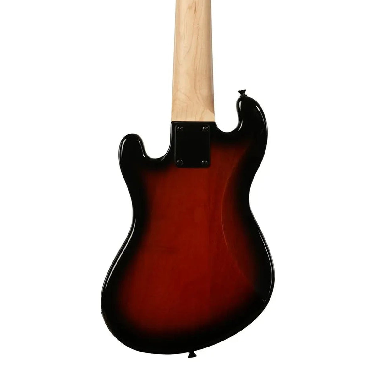 Body back of the Kala UBASS-SB5-TB-FS Tobacco Burst Solid Body Fretted 5-String U•BASS, with the base of the neck