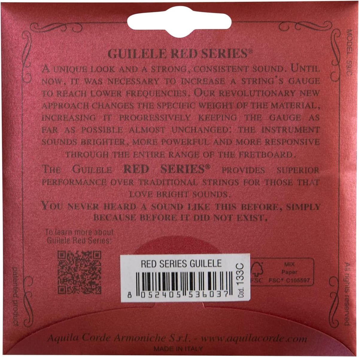 Aquila 133C Red Series guilele strings, A tuning, packet back with description and 133C barcode label