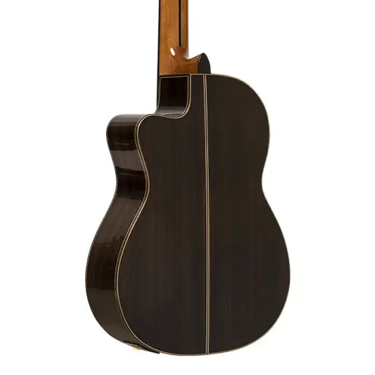 Body back of the Mazuelo SR-CE Solid Spruce Top Classical Guitar w/ Pickup, with the base of the neck