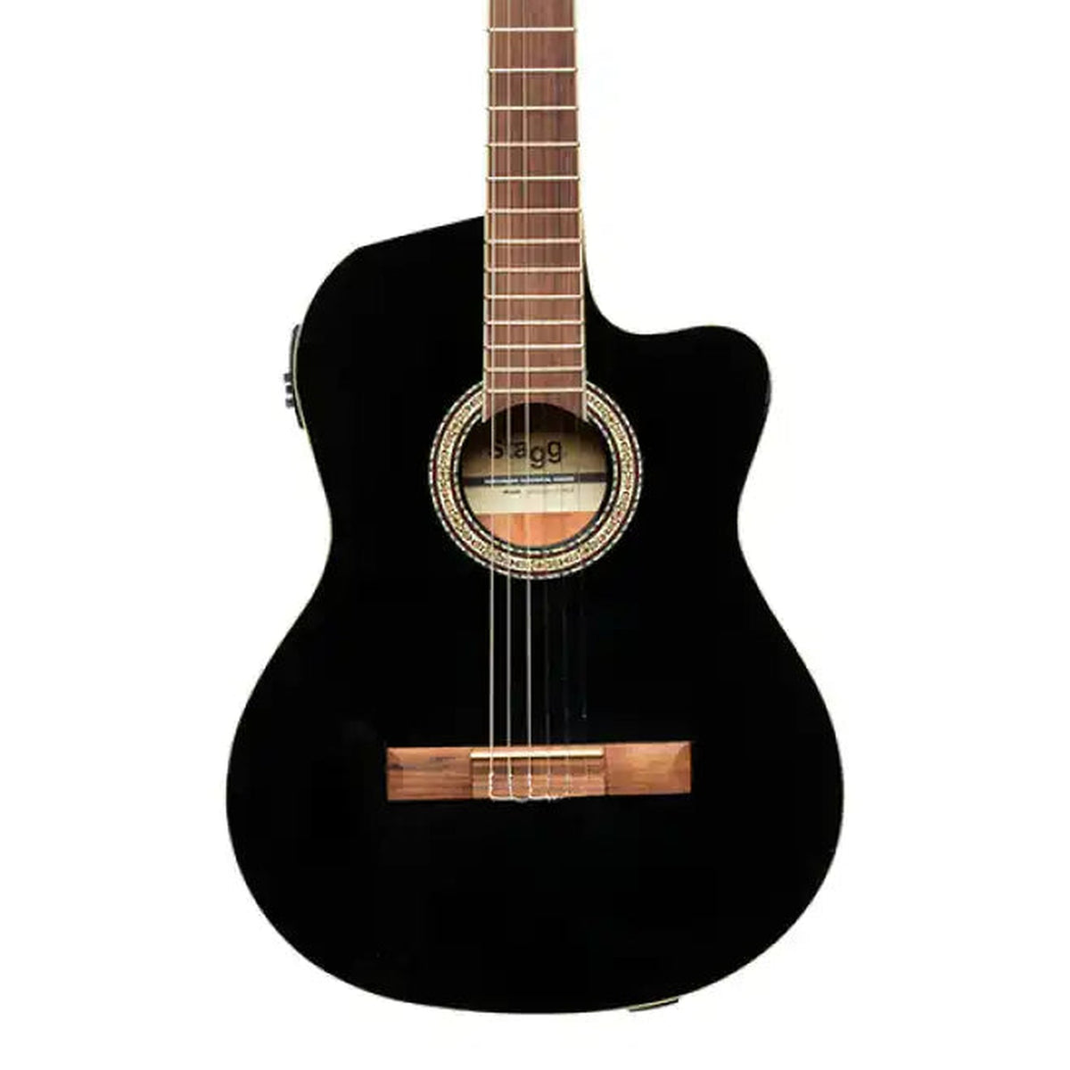 Body front of the Stagg SCL60 TCE Acoustic-Electric Classical Guitar - Black, with some of the fretboard