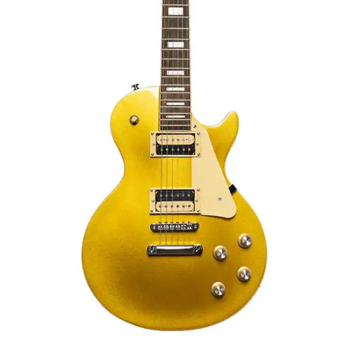Body front of the Stagg SEL-STD Standard Series Electric Guitar - Gold, with some of the fretboard