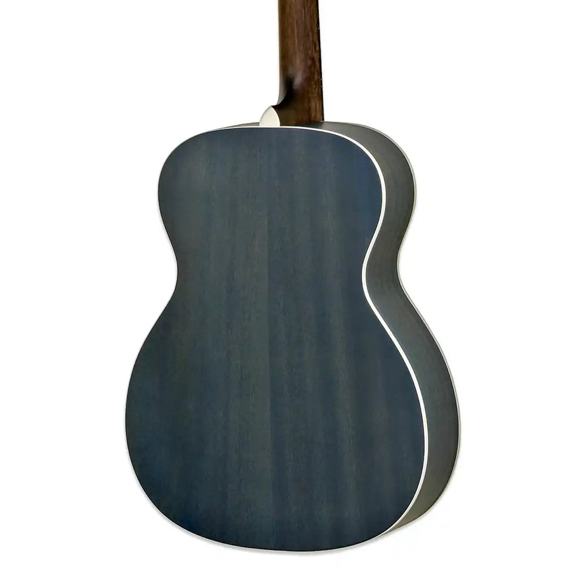 Body back of the Aria 101-UP-STBL Urban Player Stained Blue Orchestra Guitar, with the base of the neck