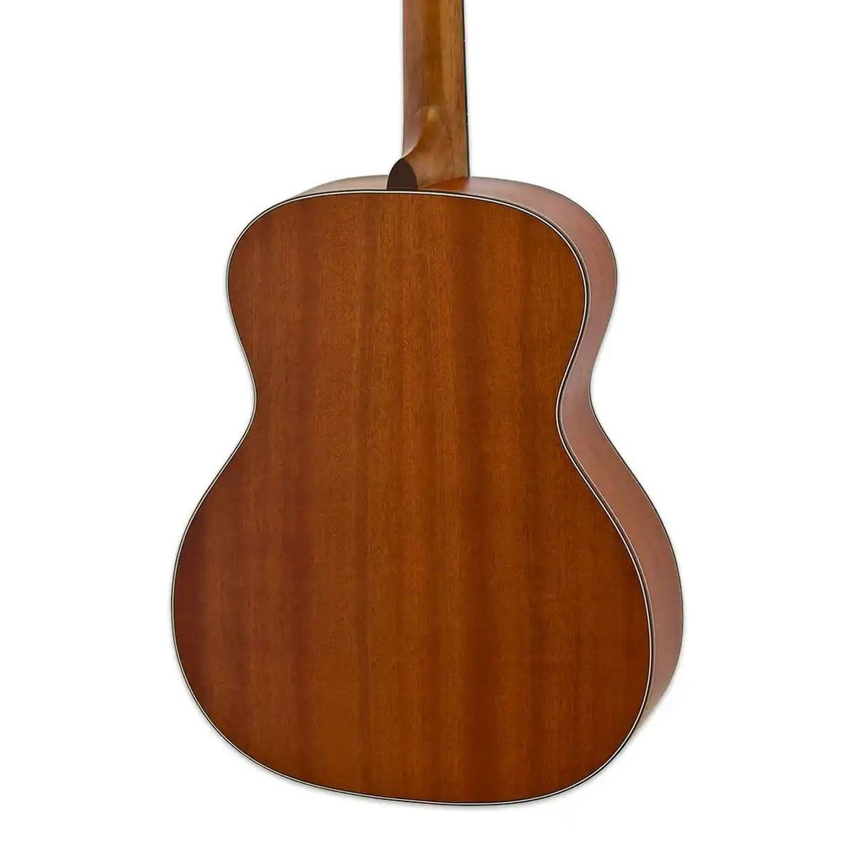 Body back of the Aria 101-MTCS-OM Matte Cherry Sunburst Spruce Top Orchestra Guitar, with the base of the neck