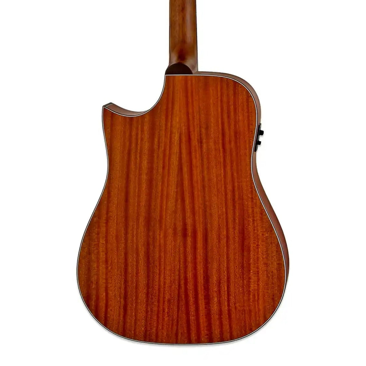 Body back of the Aria 111-CE-MTN Matte Natural Acoustic Electric Dreadnought Guitar, with the base of the neck