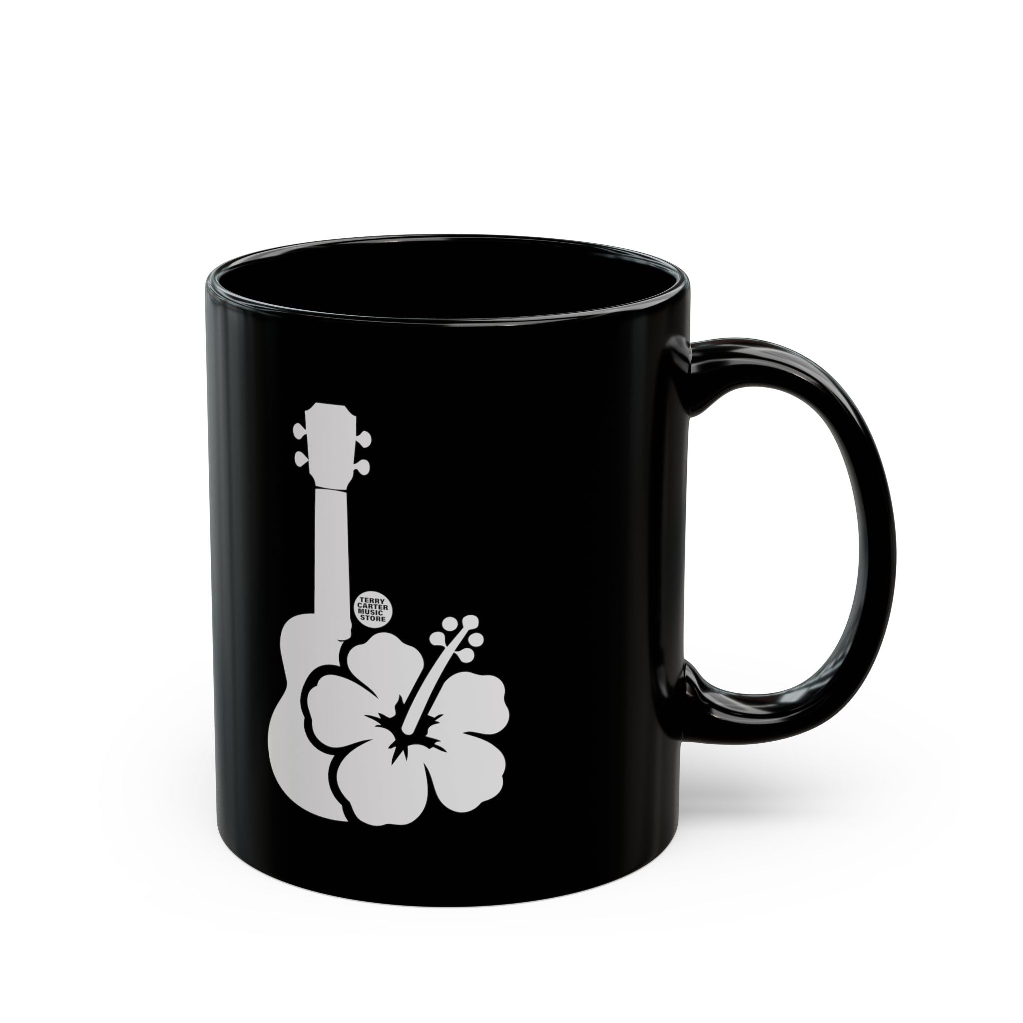 Ukulele Musician Black Ceramic Mug with Hibiscus - 11oz & 15oz