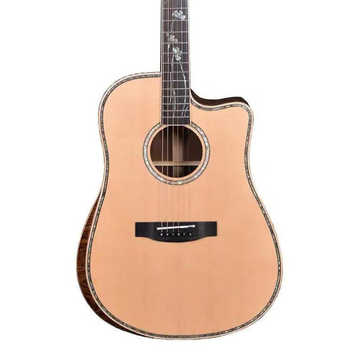 Body front of the Willow Creek FX-PD9AY Black Ash Pro Acoustic Dreadnought Guitar w/ Effects & Bluetooth, with some of the fretboard