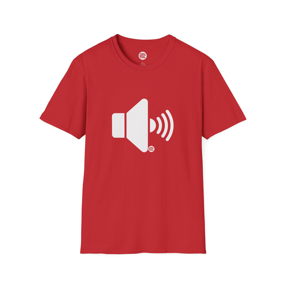 Sound On Speaker Icon t-shirt in red with white speaker logo, front view