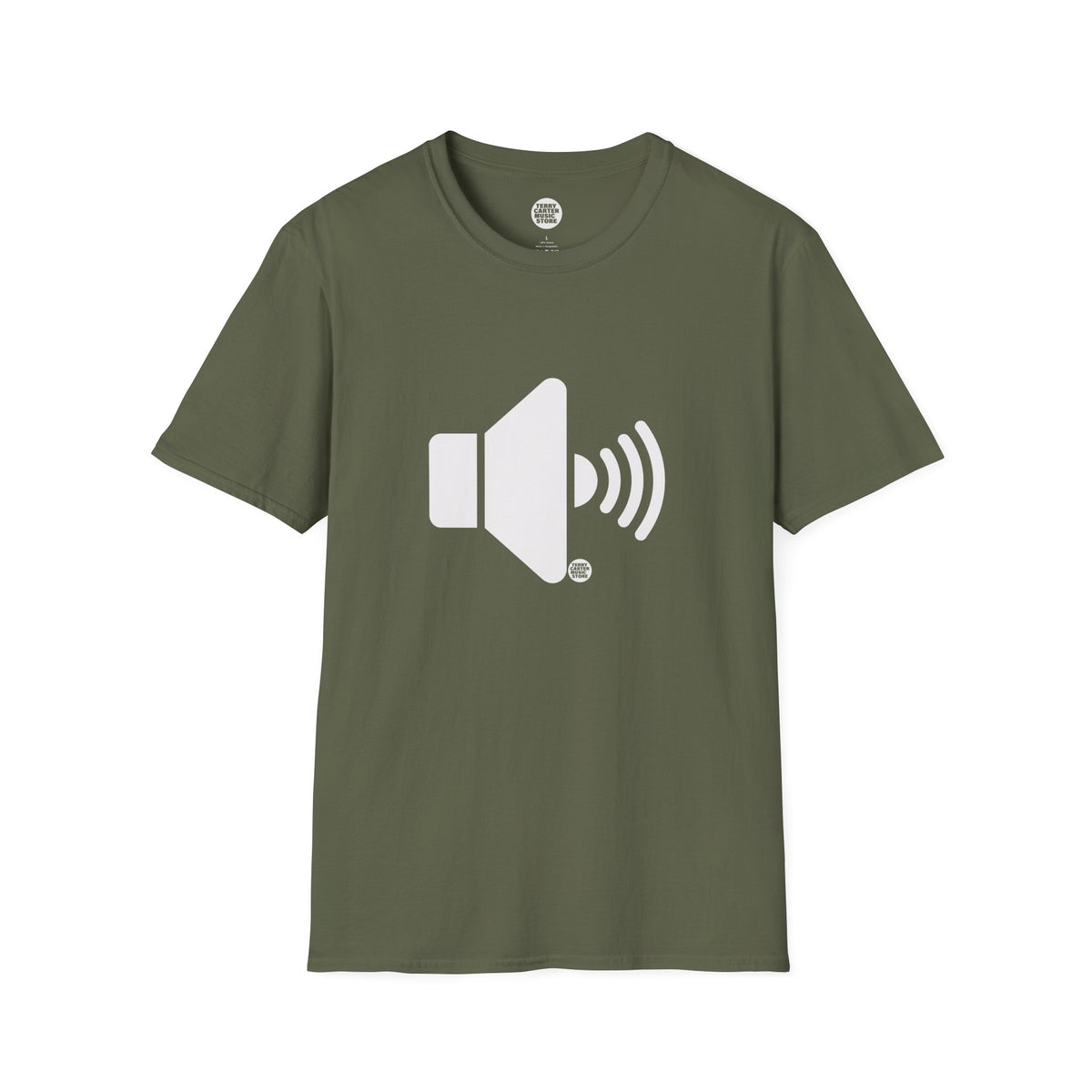 Sound On Speaker Icon t-shirt in military green with white speaker logo, front view