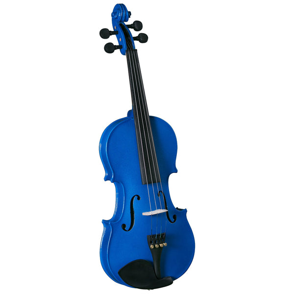 Front of the Anton Breton AB-05BU sparkling blue student violin showing the f-holes, fingerboard and tailpiece