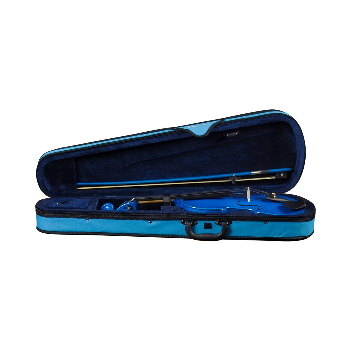 Open shaped violin case in sparkling blue with the Anton Breton AB-05BU violin and bow inside
