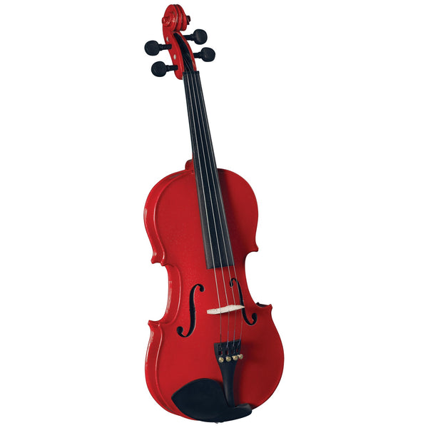 Front of the Anton Breton AB-05RD sparkling red student violin showing the f-holes, fingerboard and tailpiece