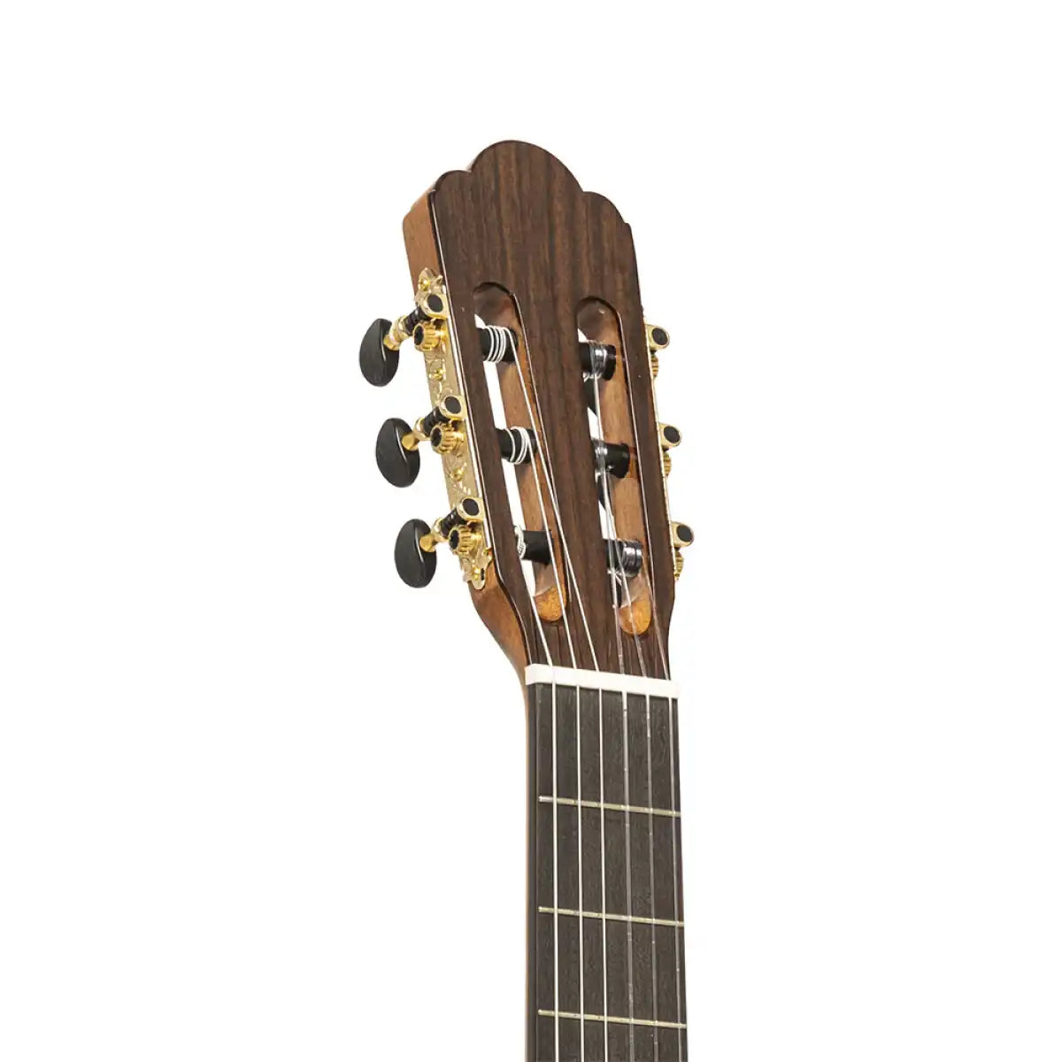 Albillo flamenca guitar headstock with gold tuners, angled view